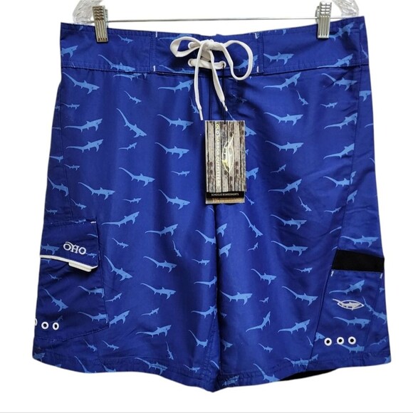 OHO Gear Fishing Boardshorts Mens 36 Blue Shark Outdoor Performance Pockets New - Picture 1 of 14